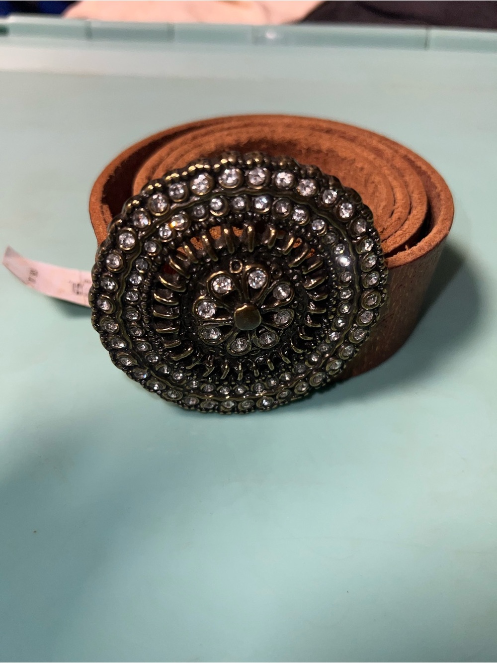 Fossil Womens Brown Leather Belt Rhinestone Crystal Ornate Buckle M 39.5” Boho